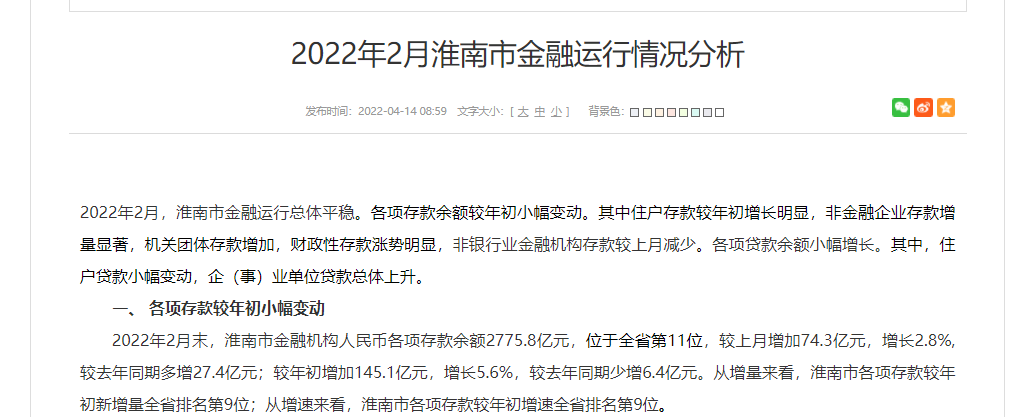 2022年2月淮南市金融运行情况分析