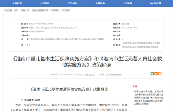 《淮南市孤儿基本生活保障实施方案》和《淮南市生活无着人员社会救助实施方案》政策解读