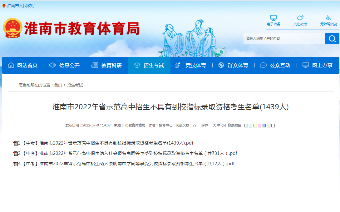 淮南市2022年省示范高中招生不具有到校指标录取资格考生名单(1439人)