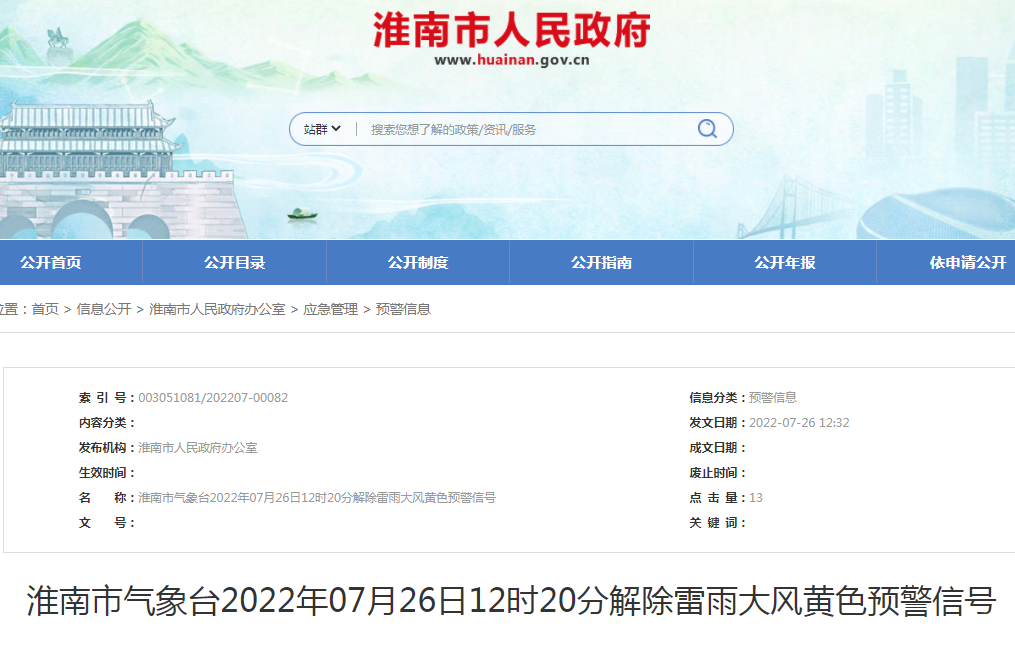 淮南市气象台2022年07月26日12时20分解除雷雨大风黄色预警信号