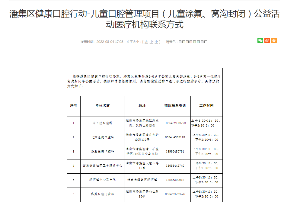 淮南潘集区健康口腔行动-儿童口腔管理项目（儿童涂氟、窝沟封闭）公益活动医疗机构联系方式