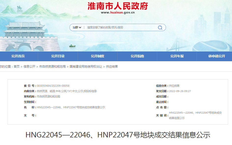 淮南HNG22045—22046、HNP22047号地块成交结果信息公示