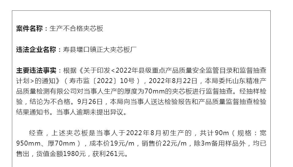 淮南寿县堰口正大夹芯板厂因生产不合格夹芯板被罚2000元！