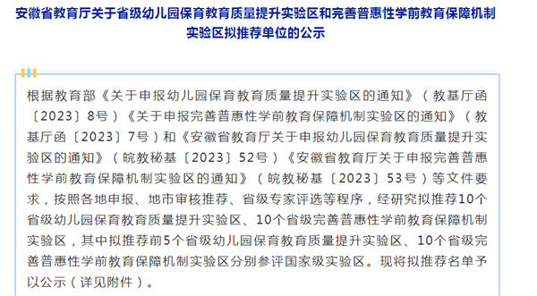 淮南关于省级幼儿园保育教育质量提升实验区和完善普惠性学前教育保障机制实验区拟推荐单位的公示